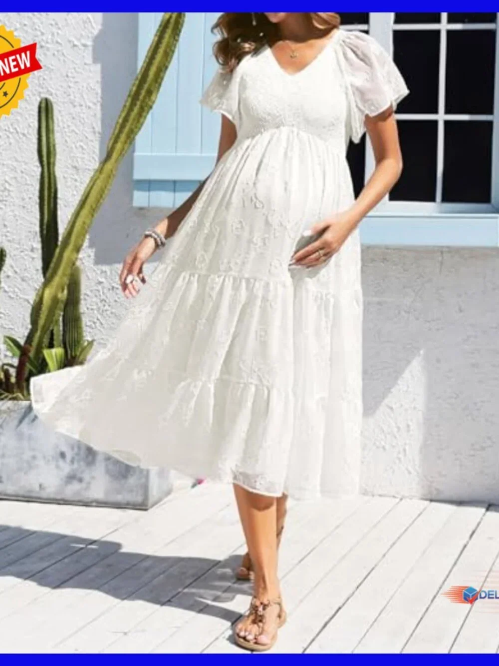 Maternity Midi Dress Flutter Sleeve Smocked Top A-Line Casual Summer - Picture 4 of 7